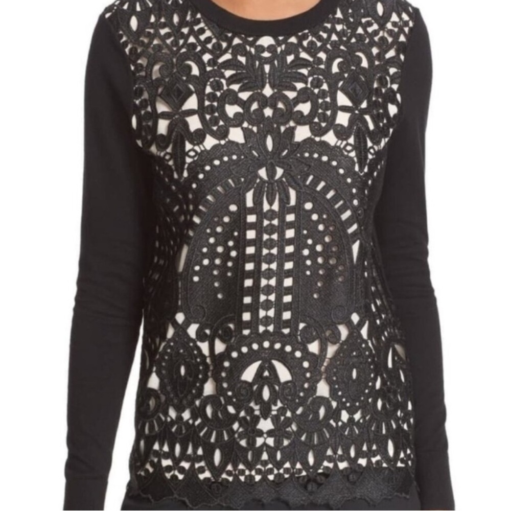 Ted Baker Black Lace Overlay Long Sleeve‎ Elegant Evening Blouse